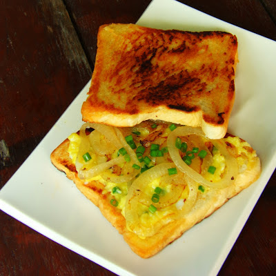 Cheesy Scrambled Egg Sandwich with Caramelized Onion a la Kusina ni Teds